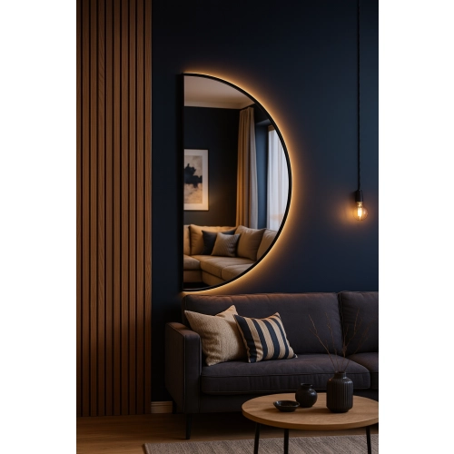 Lustro ECHO – nowoczesne lustro LED półokrągłe w czarnej ramie MDF | lustro dekoracyjne z podświetleniem | designerskie lustro ścienne do salonu, sypi